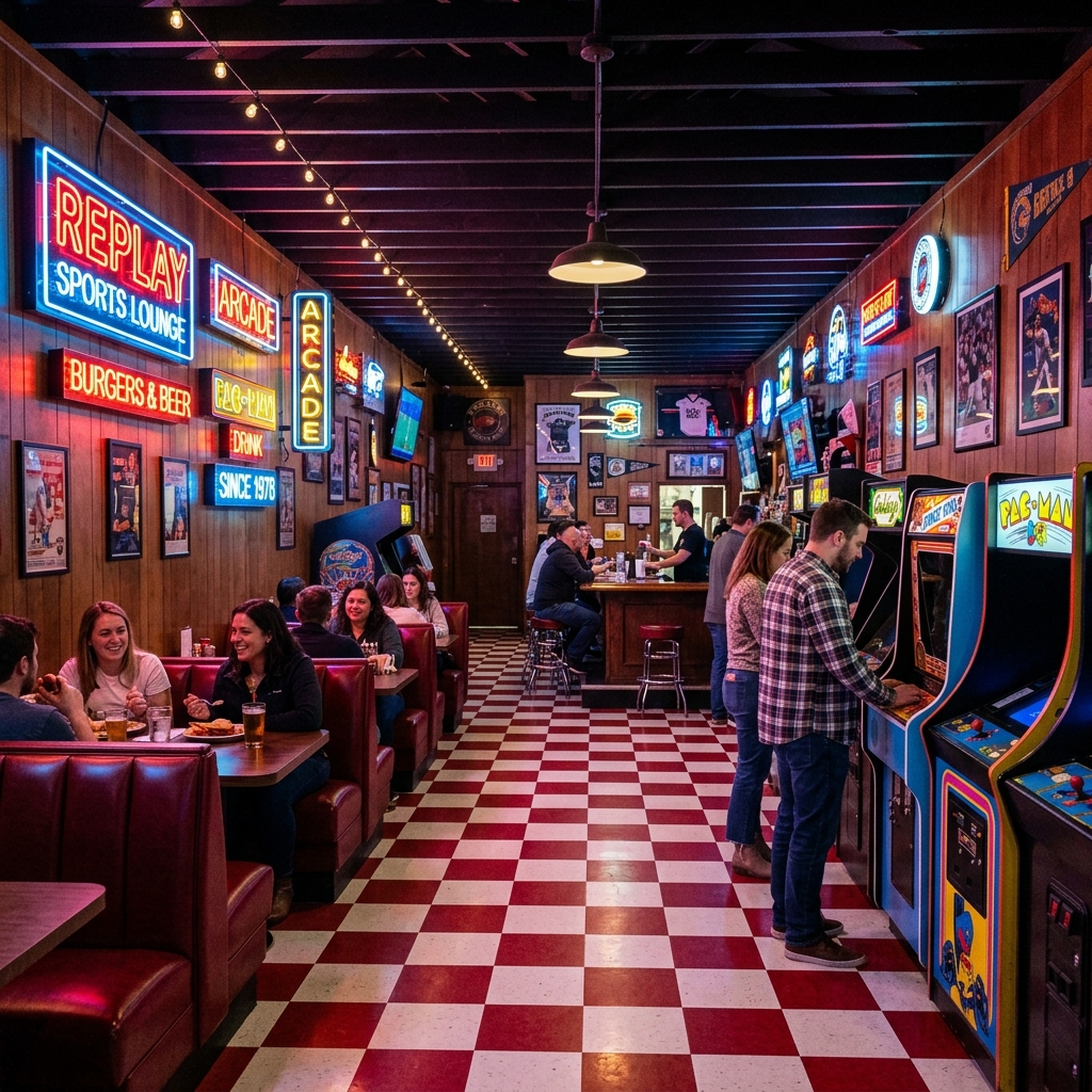 Vibrant neon-lit diner interior at Boogie's